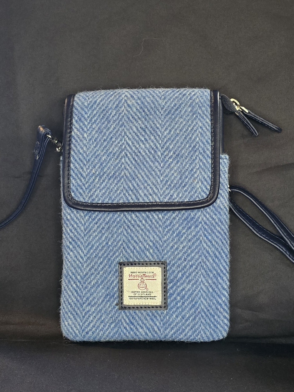 Maccessori Navy Sky Blue Herringbone Harris Tweed Phone Purse Crossbody Bag